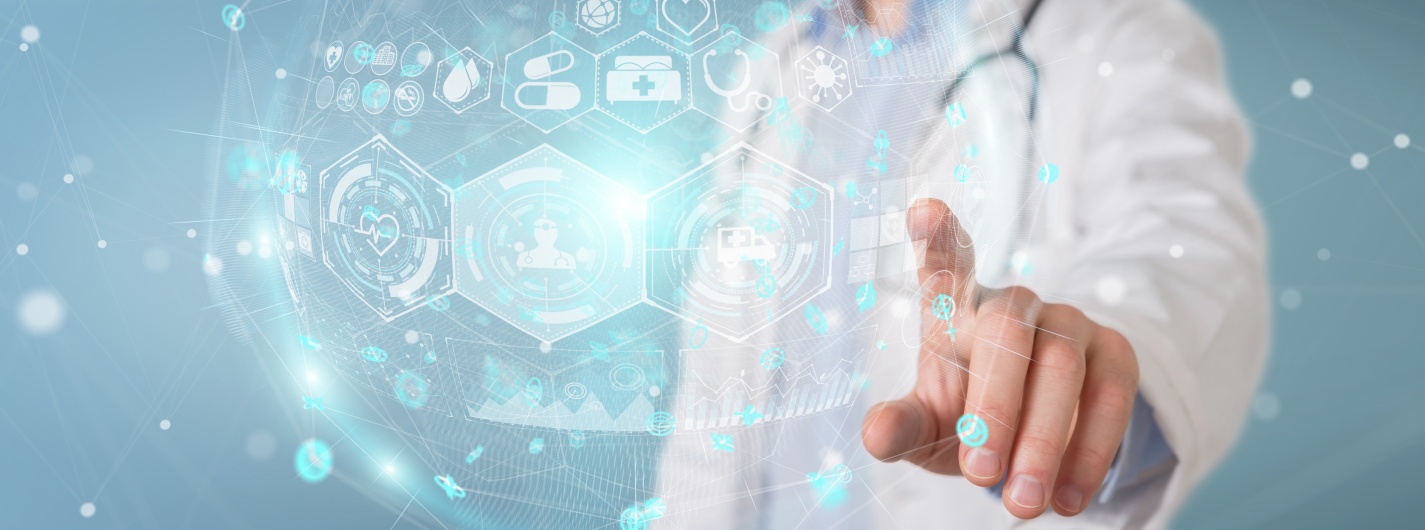 Clinical research concept with doctor pressing a virtual diagram 3D image.